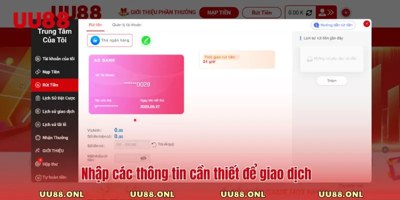 Nhập các thông tin cần thiết để giao dịch